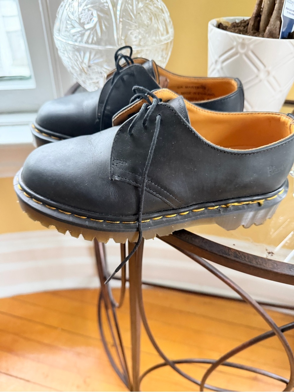 Dr. Martens Black Leather Lace-Up Derby with Yellow Welt Stitching